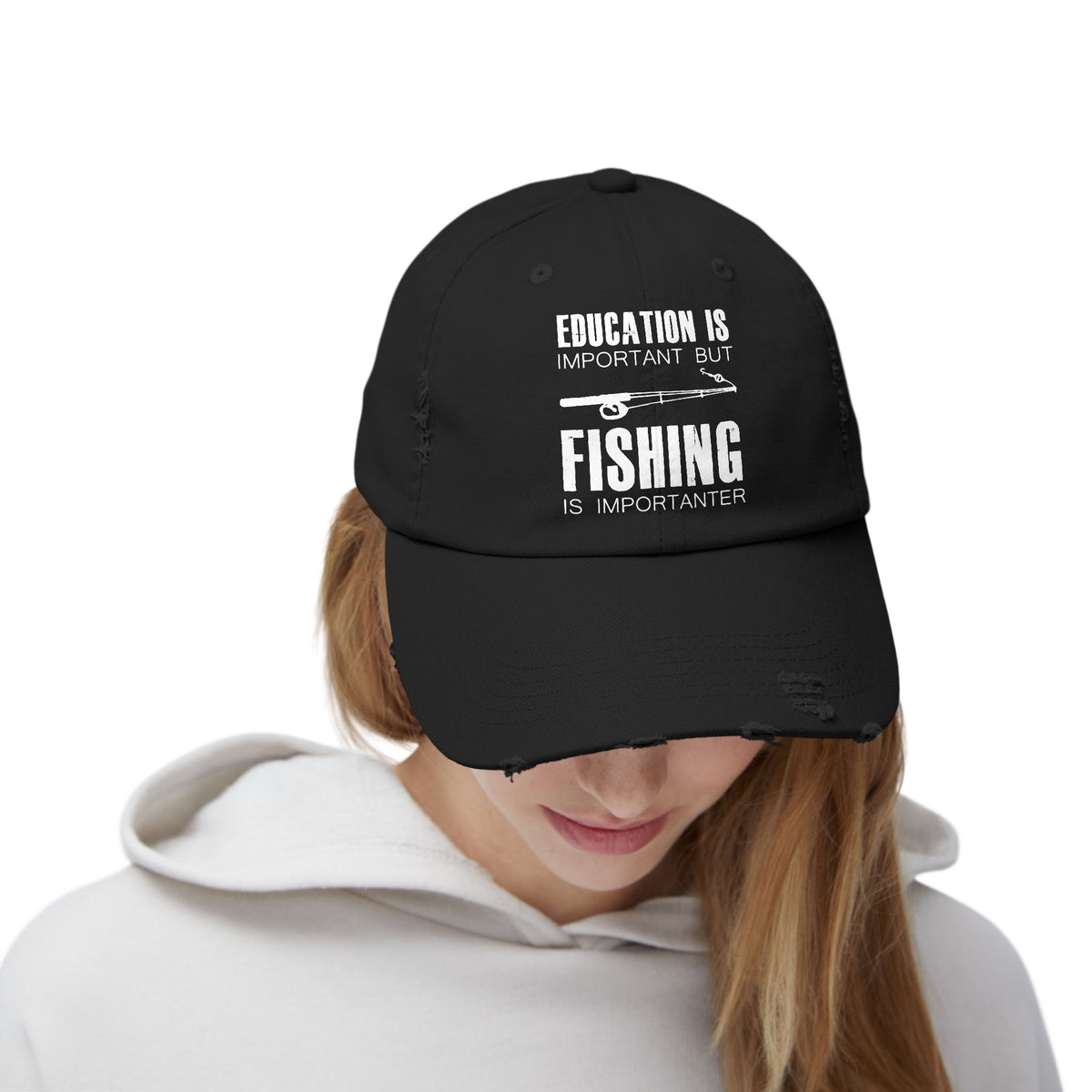 "Fishing is Importanter" Distressed Fishing Cap