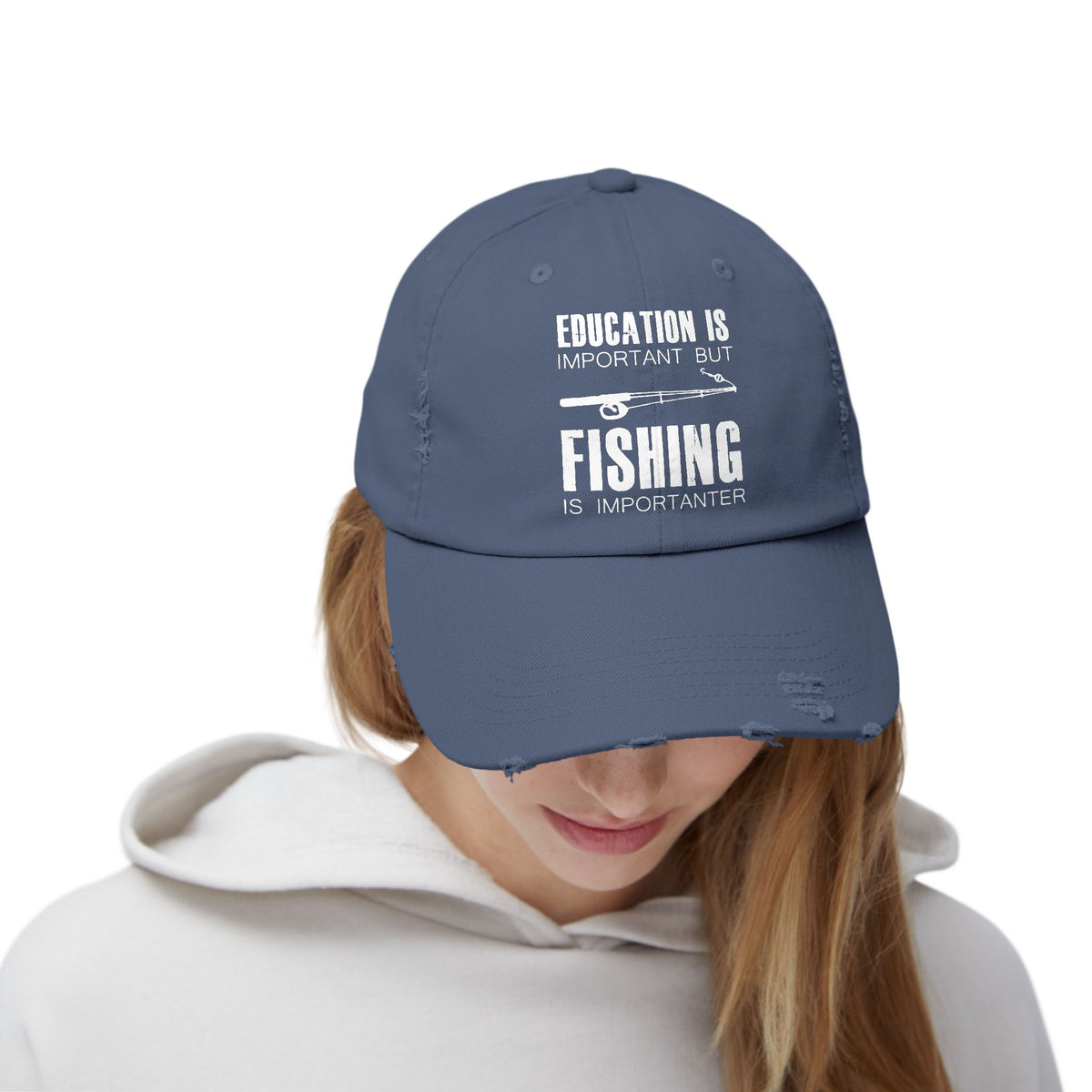 "Fishing is Importanter" Distressed Fishing Cap