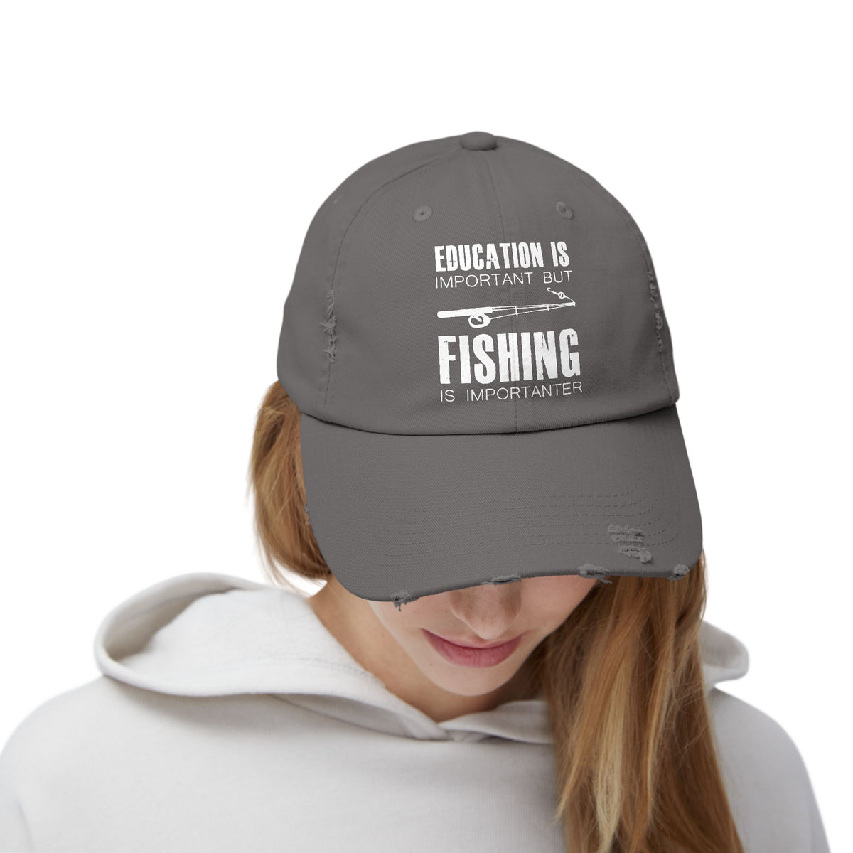"Fishing is Importanter" Distressed Fishing Cap
